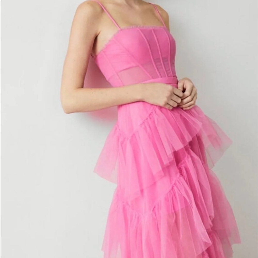 BCBGMAXAZRIA Oly Pink Corset Tulle Gown Ruffled Maxi Gown Dress Size 0 flamingo